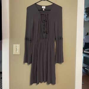 Knox Rose Womens Long Sleeve Grey Cinched Waist Embroidered Tasseled Dress Small